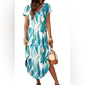 Women’s Teal Brushstroke Maxi Dress - V-Neck, Short Sleeve